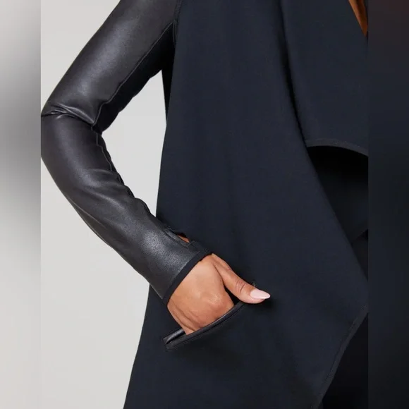 SPANX Faux Leather Sleeve Drape Front Jacket Black L Ponte Moto Blazer 50176R - Picture 5 of 16
